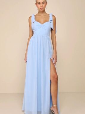 LULUS Radiant Charisma Light Blue Chiffon Ruched Tie-Strap Maxi Dress L